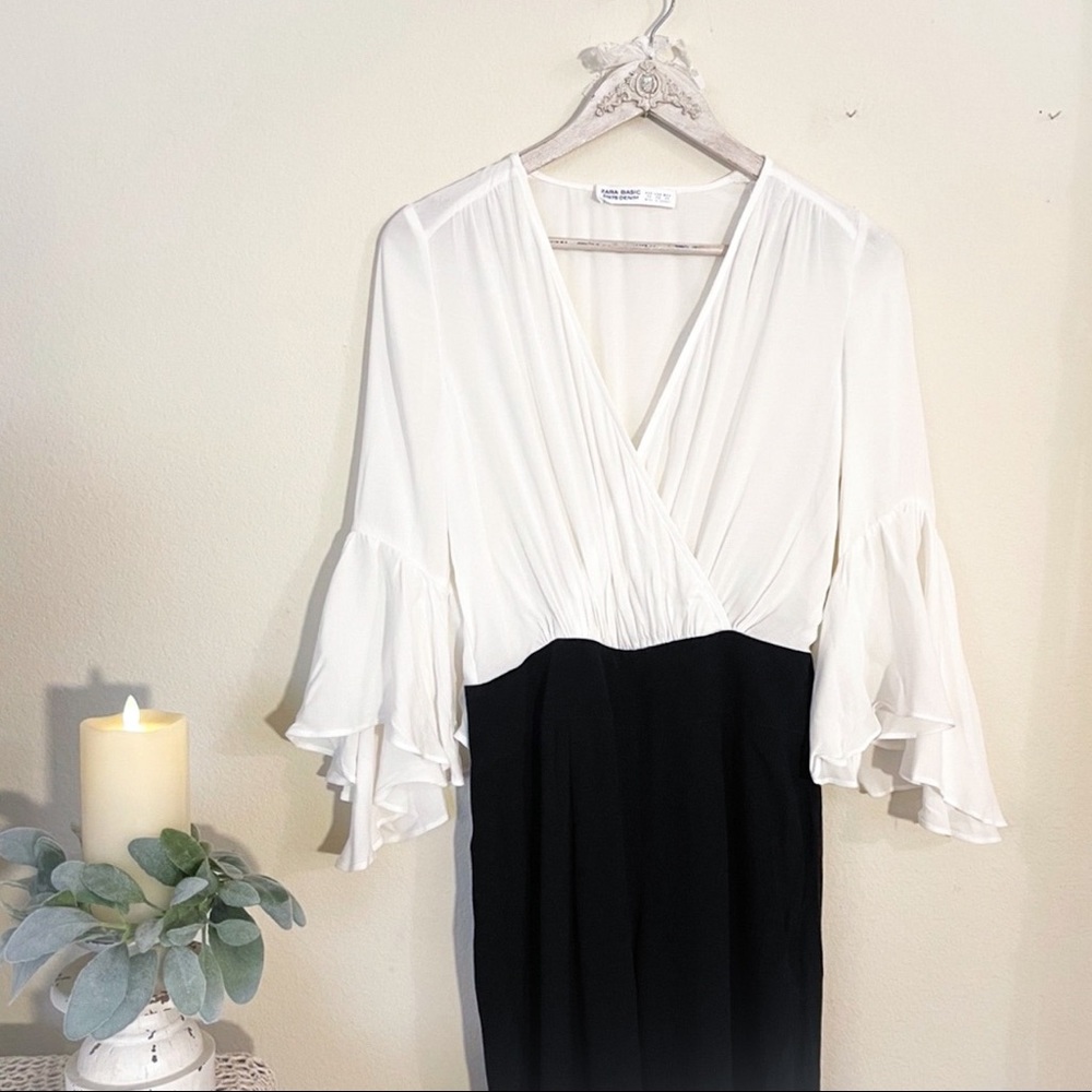 Zara Black and White Ruffle Long Sleeves Overalls